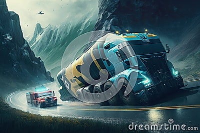 rally race between futuristic trucks on dangerous mountain roads Stock Photo