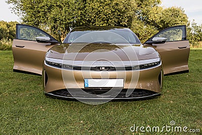RALSKO ,CZECH REPUBLIC - 19 Sept 2023. LUCID Air. LUCID AIR luxury car with open doors on a meadow near the forest. Modern, luxury Editorial Stock Photo