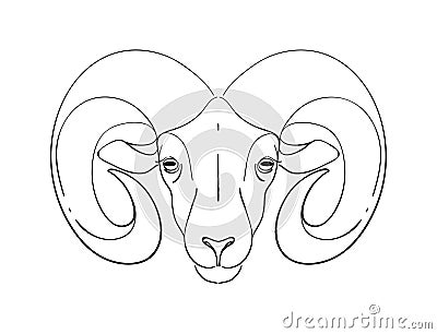 Ram head with round horns, Aries zodiac sign, hand drawn line drawing, astrology symbol. Simple vector sign Cartoon Illustration