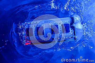 RAM memory from a laptop, ram. Blue and red light, under water. Technology of cyber-electronic concept. Technological background Stock Photo