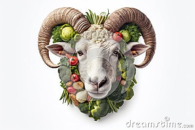 A ram's head made out of vegetables, created by Generative AI Stock Photo