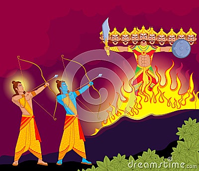 Rama killing Ravana during Dussehra Vector Illustration