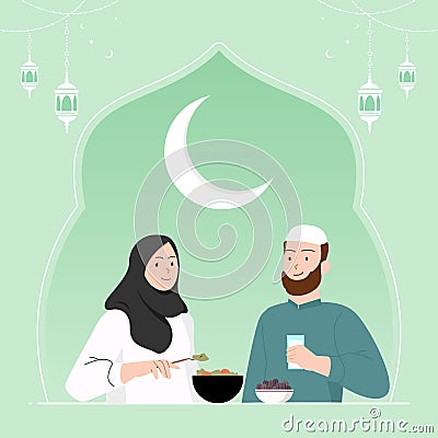 Suhoor time in ramadan month illustration, couple eating suhoor together Vector Illustration