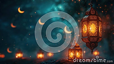 Ramadan ambiance with glowing lanterns, crescent moons, and starry brilliance with copy space Stock Photo