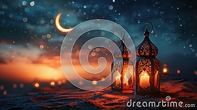 Ramadan ambiance with glowing lanterns, crescent moons, and starry brilliance with copy space Stock Photo