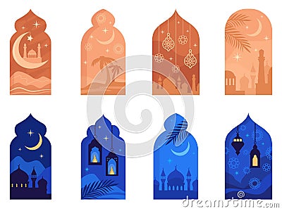 Ramadan arch windows. Arabian window shape with turkish or morocco mosque, beautiful pattern eastern night moon skies Vector Illustration