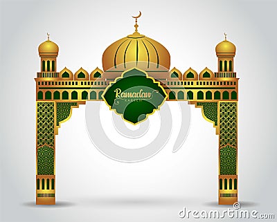 Ramadan background with golden event entrance arch, with golden arabic pattern, background for holy month of muslim community Vector Illustration