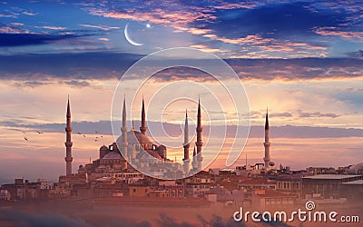 Ramadan background with new moon, star and mosque Stock Photo