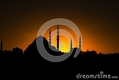 Ramadan background. Silhouette of mosque at sunset. Mosques of Istanbul. Stock Photo