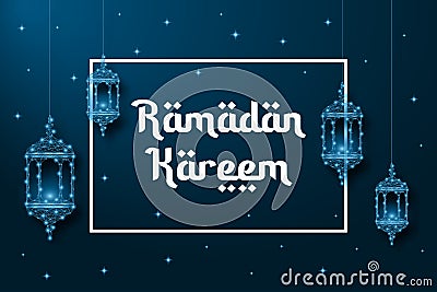 Ramadan banner with Lanterns made by low polygonal wireframe mesh on blue background. Muslim feast of the holy month Ramadan Vector Illustration