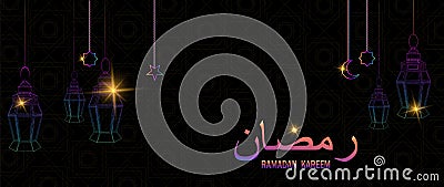 Ramadan beautiful greeting card with hanging lanterns, moon and stars on black background. Vector Illustration