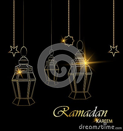 Ramadan beautiful greeting card with hanging lanterns, moon and stars on black background. Vector Illustration