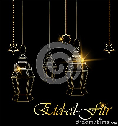 Ramadan beautiful greeting card with hanging lanterns, moon and stars on black background. Vector Illustration