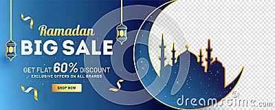 Ramadan Big Sale header or banner design with 60% discount offer, silhouette of moon with mosque. Stock Photo