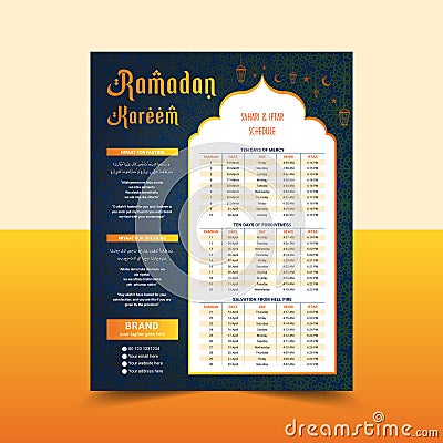 Ramadan calendar iftar schedule template Vector Illustration