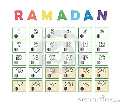 Ramadan children calendar. Fasting tick calendar, moon cycle phases, New moon. 30 days of Ramadan Islamic holy month. Vector Cartoon Illustration