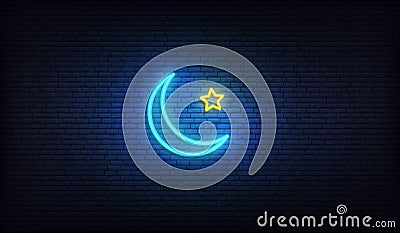 Ramadan Crescent moon neon. Blue glowing moon and yellow gold star Islamic sign Vector Illustration