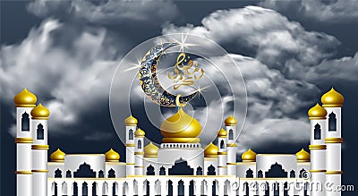 Elegant unique Ramadan celebration banner with crescent moon behind mosque and Arabic calligraphy Vector Illustration