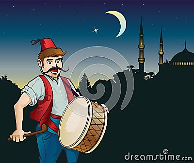 Ramadan drummer and mosque Vector Illustration
