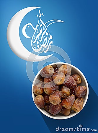 Ramadan Fasting Dates with Crescent on Blue Stock Photo