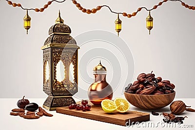Ramadan food and drinks concept. Ramadan arabian lamp, wood rosary, and dates fruit on white background Generative AI Stock Photo