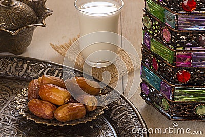 Ramadan Food - Table ready for happy iftar breakfast in Ramadan Stock Photo