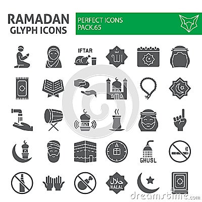 Ramadan glyph icon set, islamic holiday symbols collection, vector sketches, logo illustrations, islam icons, muslim day Vector Illustration