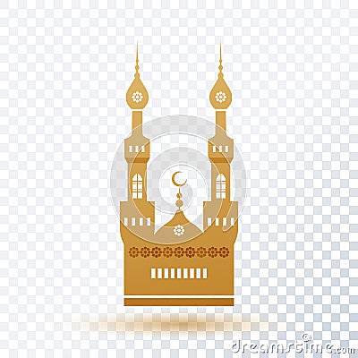 Ramadan gold decor oriental lantern, standing flashlight, mosque on a transparent background Cartoon Illustration