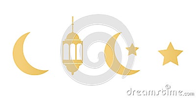 Ramadan gold icons set on white background. Golden lanterns, crescent and stars. Ramadan Kareem greeting card Vector Illustration