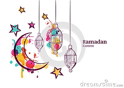 Ramadan greeting card or banner horizontal background. Traditional watercolor lanterns, moon and stars. Vector Illustration