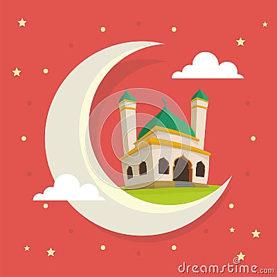 Ramadan Greeting Card with cartoon mosque on the moon Vector Illustration