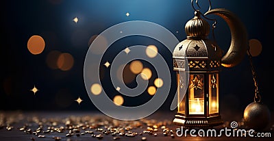 Ramadan greeting card with lamp and moon on dark background with bokeh Stock Photo