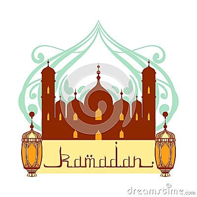 Ramadan greeting card. Mosque and arabic lamps. Colorful vector illustration isolated on a white background. Vector Illustration