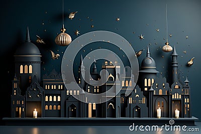 Ramadan Greeting Card. Mosque, Crescent, Star, and Oriental Symbols for Festive Occasions Stock Photo