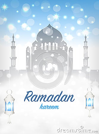 Ramadan greeting card. Mosque with islamic symbols. Vector illustration. Vector Illustration