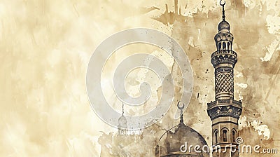 A Ramadan greeting card showcases a sketch of a towering mosque on a sepia watercolor background, offering free copy Cartoon Illustration