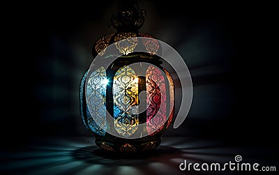 Ramadan greeting card template. lantern with city blurry view. Generative AI Stock Photo