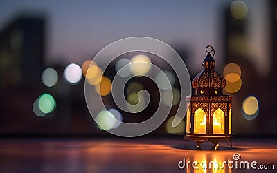 Ramadan greeting card template. lantern with city blurry view. Generative AI Stock Photo