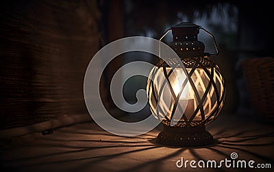 Ramadan greeting card template. lantern with city blurry view. Generative AI Stock Photo