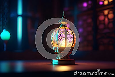 Ramadan greeting card template. lantern with city blurry view. Generative AI Stock Photo