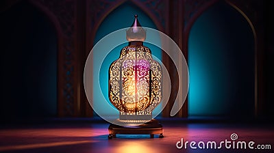 Ramadan greeting card template. lantern with city blurry view. Generative AI Stock Photo