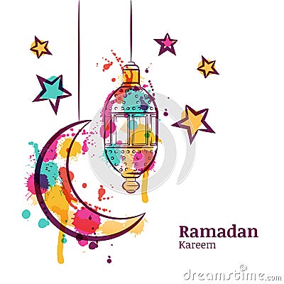 Ramadan greeting card with traditional watercolor lantern, moon and stars. Vector Illustration