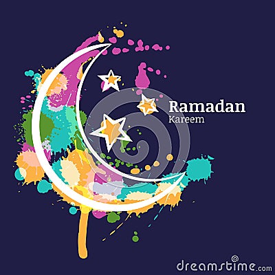 Ramadan greeting card with watercolor decorative moon and stars on blue night sky. Vector Illustration