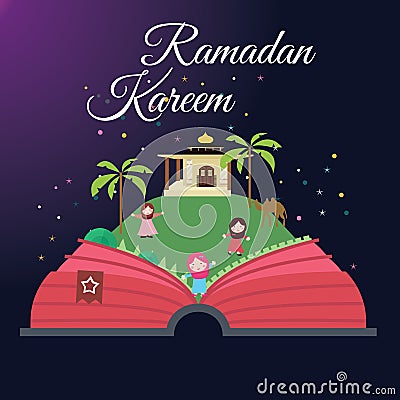 Ramadan greeting cards kids and mosque with starry night Islam celebration month Vector Illustration