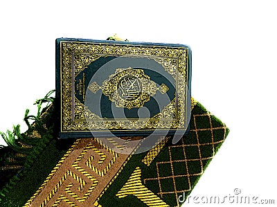 Ramadan greeting cards with Koran background and prayer rugs Stock Photo
