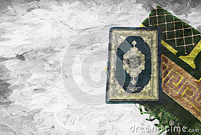 Ramadan greeting cards with Koran background and prayer rugs Stock Photo