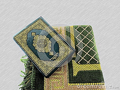 Ramadan greeting cards with Koran background and prayer rugs Stock Photo