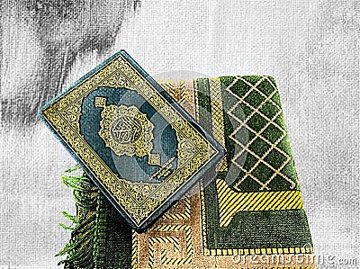 Ramadan greeting cards with Koran background and prayer rugs Stock Photo