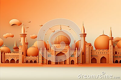 Ramadan Greetings Card. Mosque-Inspired Design with Islamic Symbols, 3D style Stock Photo