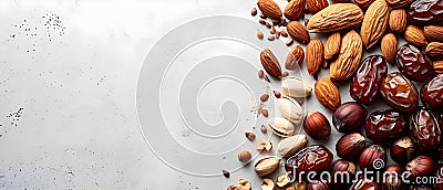 Ramadan Harmony: Dates & Nuts Spread, Minimalist Elegance. Concept Ramadan Celebrations, Date Night Stock Photo